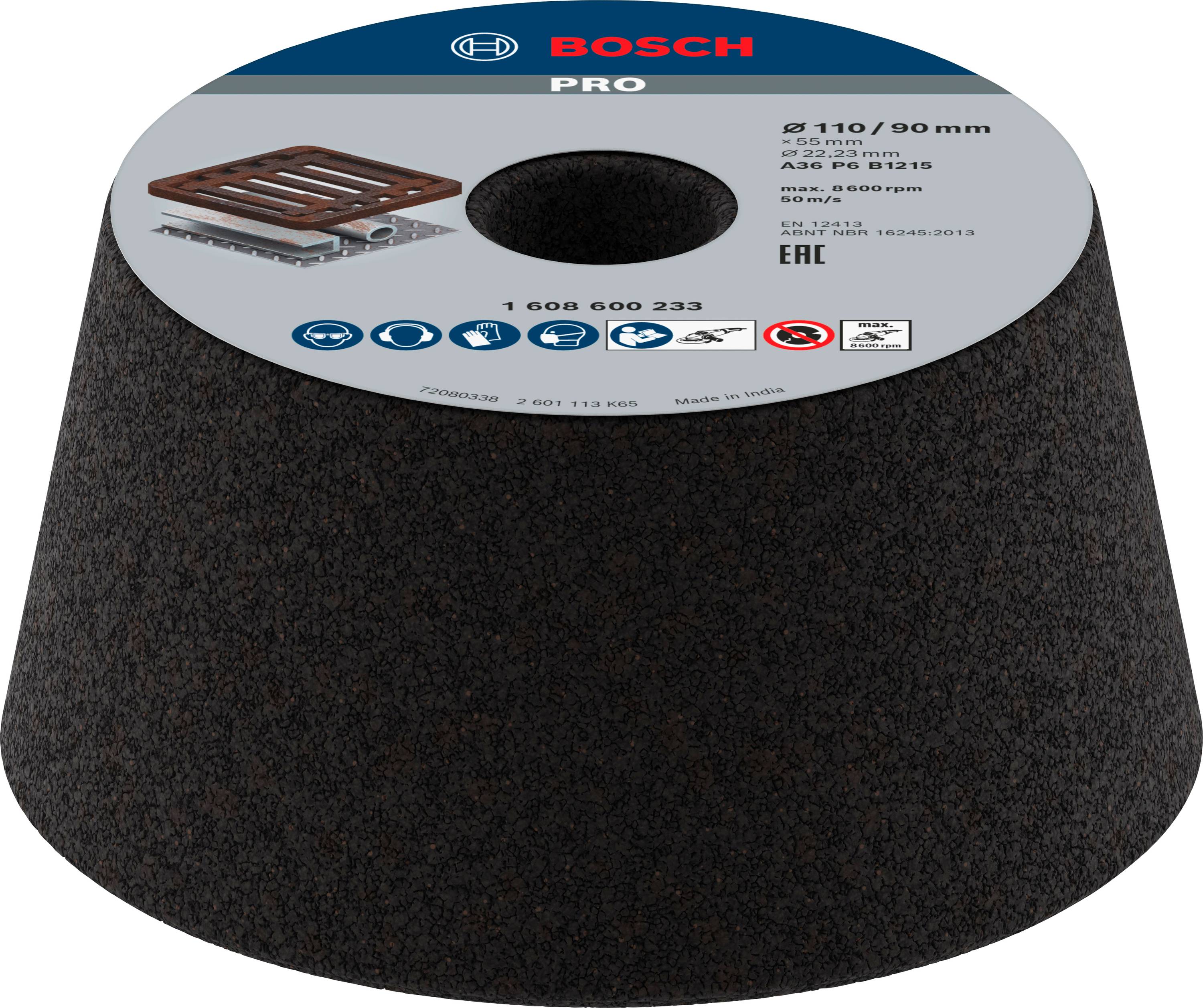Brusný kužel Bosch, model PRO, s rozměry Ø 110/90 mm. Vhodný pro různé brousicí práce, nabízí vysokou přesnost.
