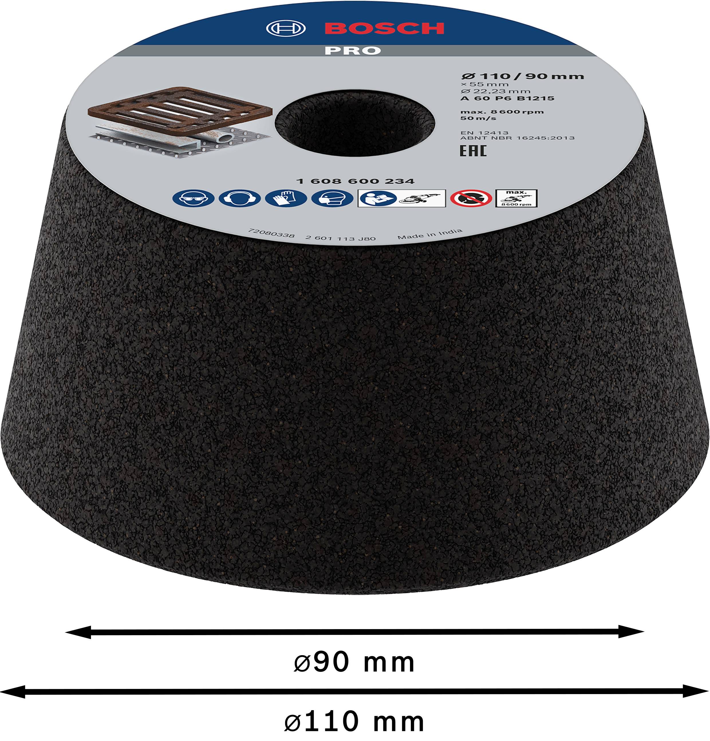 Brusný kužel od Bosch s průměrem 90 mm dole a 110 mm nahoře. Vhodný pro agresivní broušení kovu.