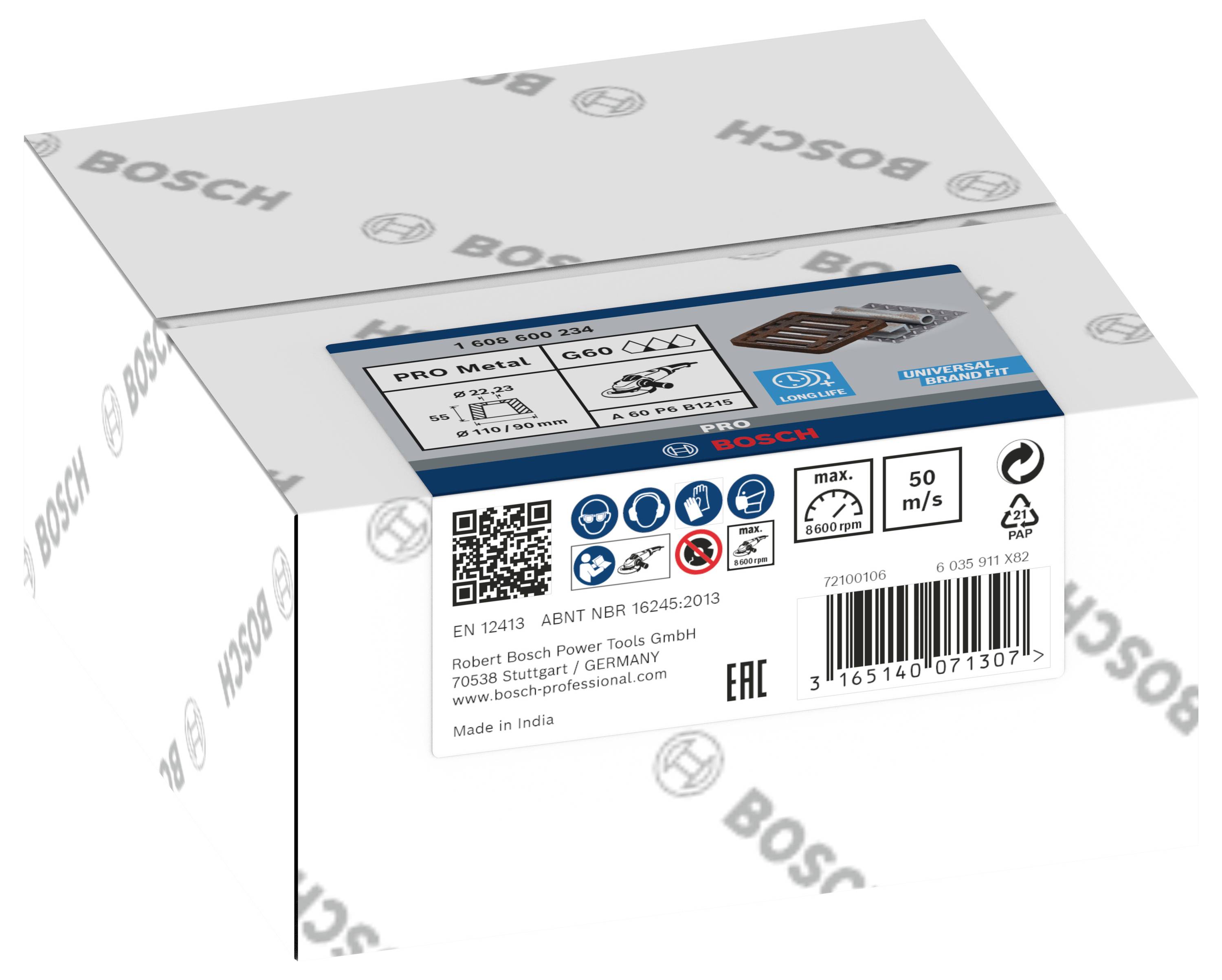 Karton s logem Bosch: Obsahuje technické údaje a certifikáty pro Bosch Pro 45mm čepele. Vyrobeno v Indii, pro Bosch Power Tools GmbH.