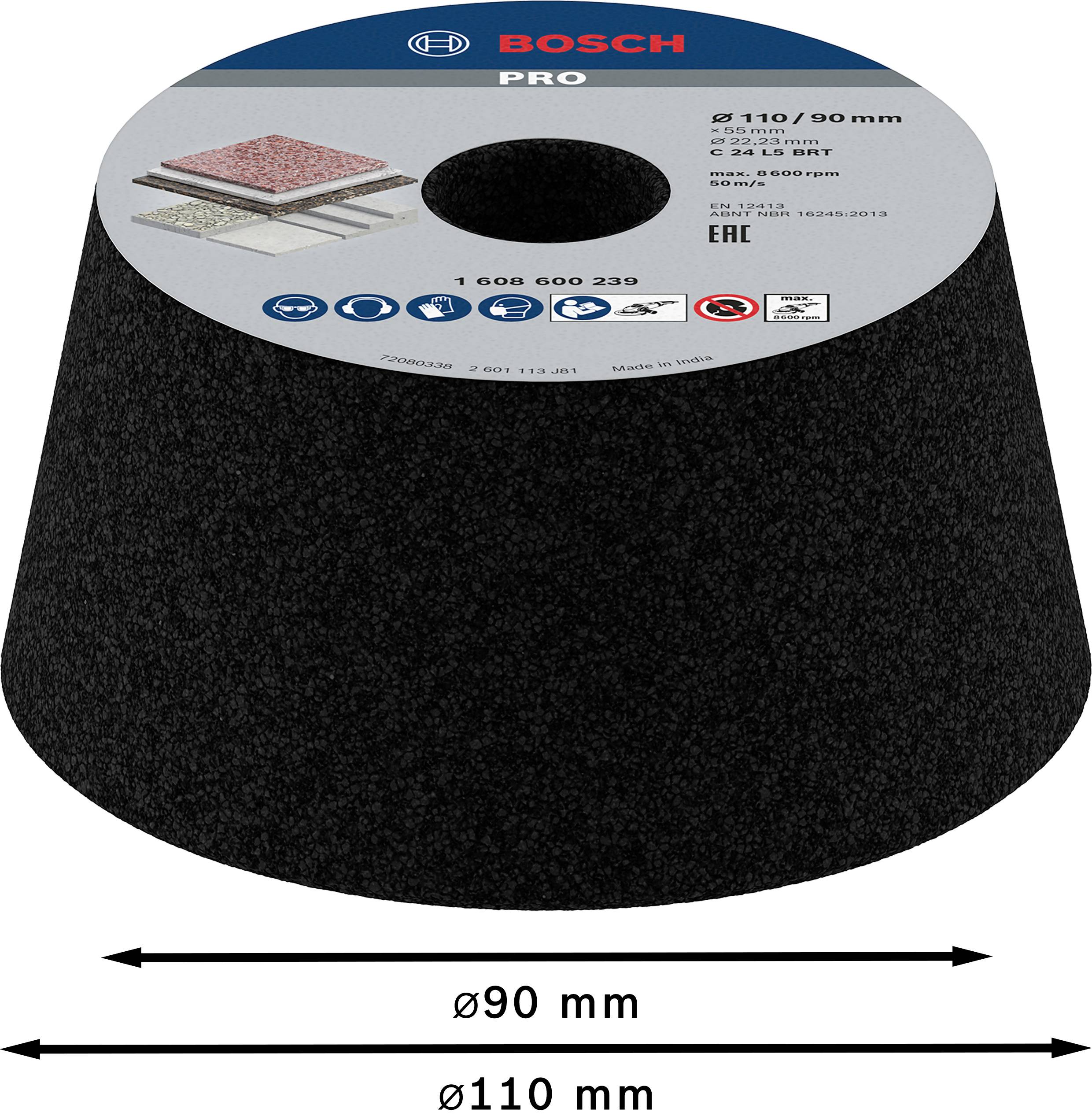 'Bosch PRO', kuželový brusný talíř Ø90/110mm, otvor 22,23mm, Max. ot/min: 25.000, vhodný pro kov/kámen, na černém pozadí.