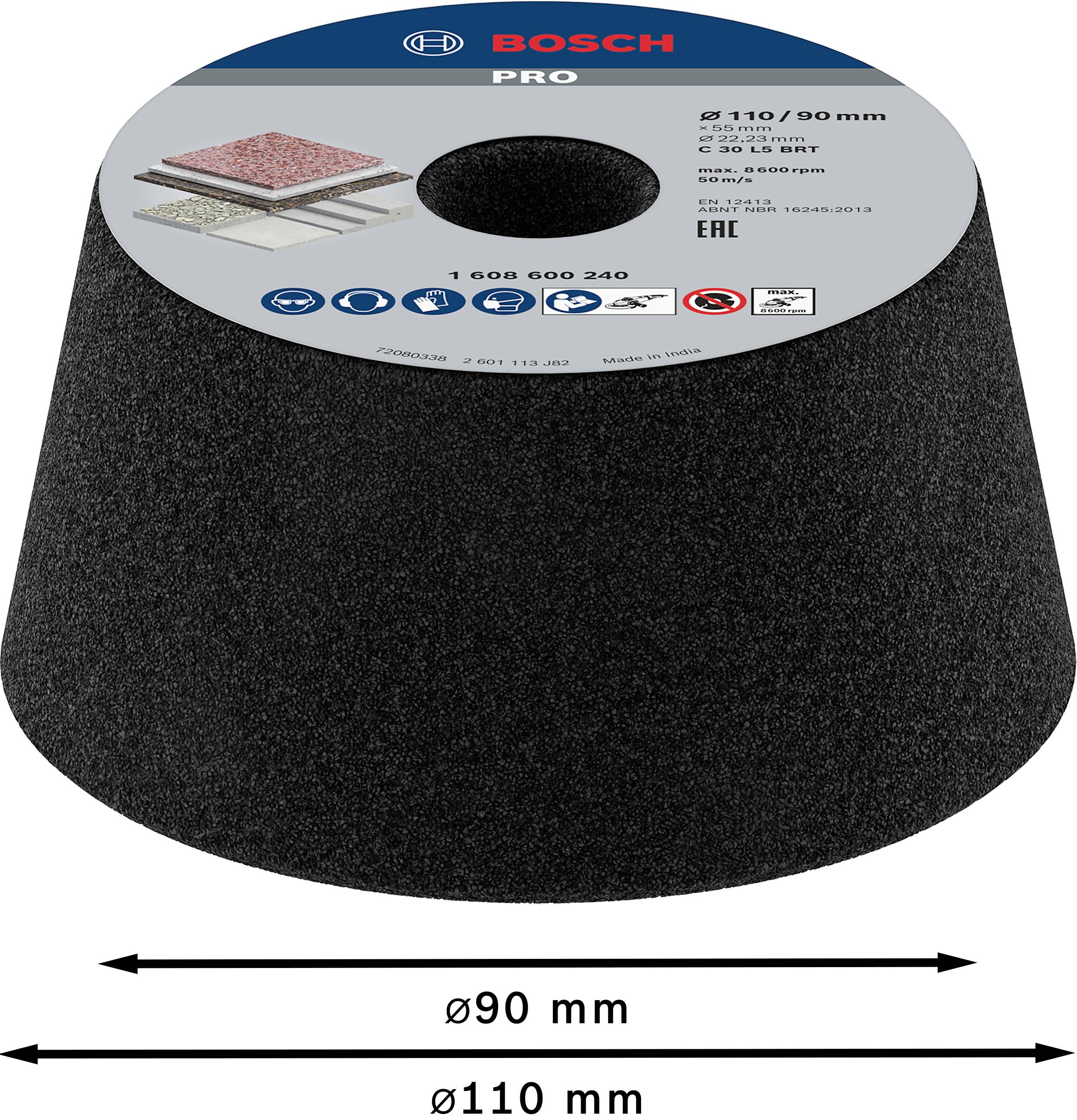 Brusný hrnec od Bosch, model PRO, průměr 110/90 mm. Vhodný pro broušení betonu a kamene. Maximální otáčky 8500 ot/min.
