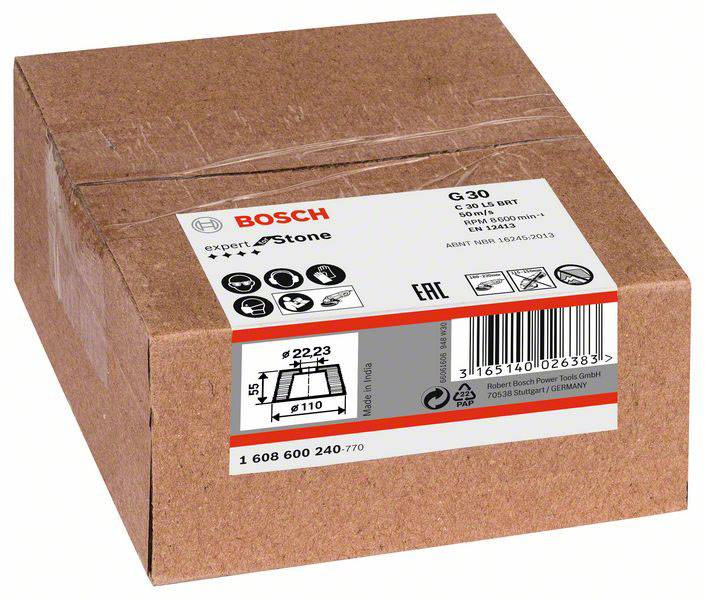 Kartonová krabice s logem Bosch, etiketa: 'C30 Expert Hard Stone'. Obsahuje brusné kotouče. Rozměry a technické detaily vytištěny na obalu.