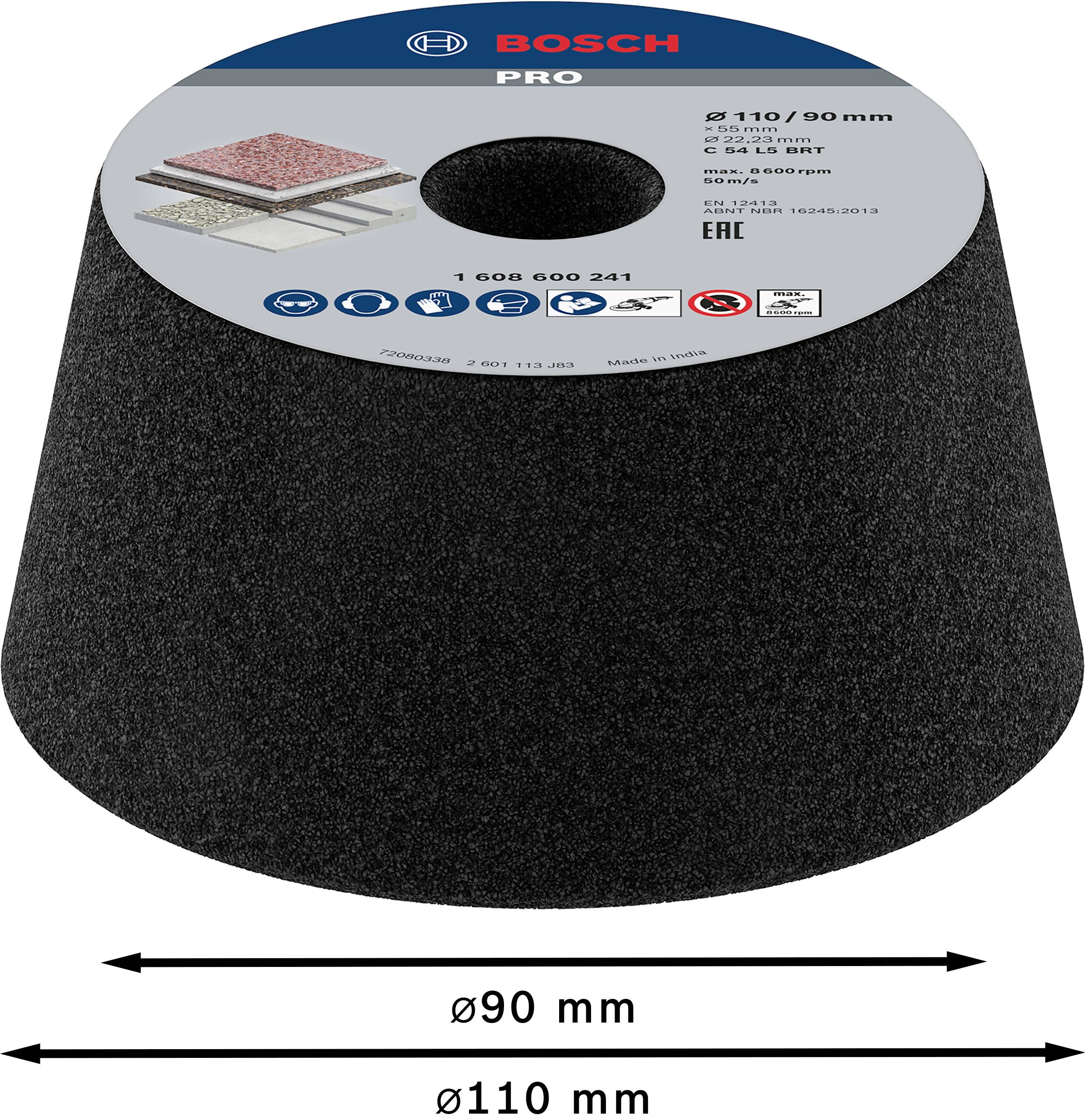 Brusný talíř od Bosch s rozměry Ø110/90 mm, vhodný pro opracování kamene. Vhodný pro max. 12.250 ot./min a 80 m/s.