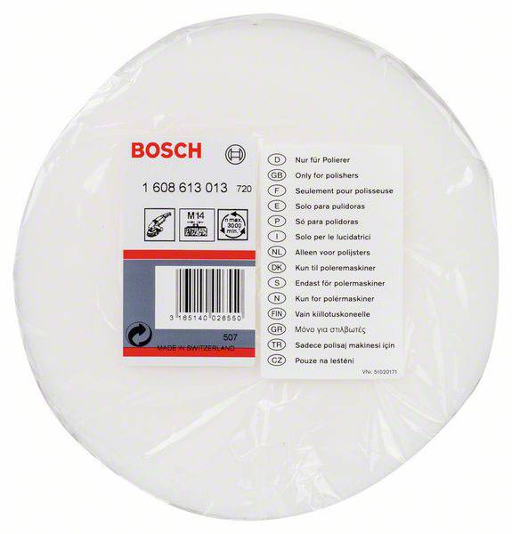 Lešticí houba Bosch, s čárovým kódem a číslem artiklu. Vhodná pouze pro leštičky. Balení z plastu, kulaté.