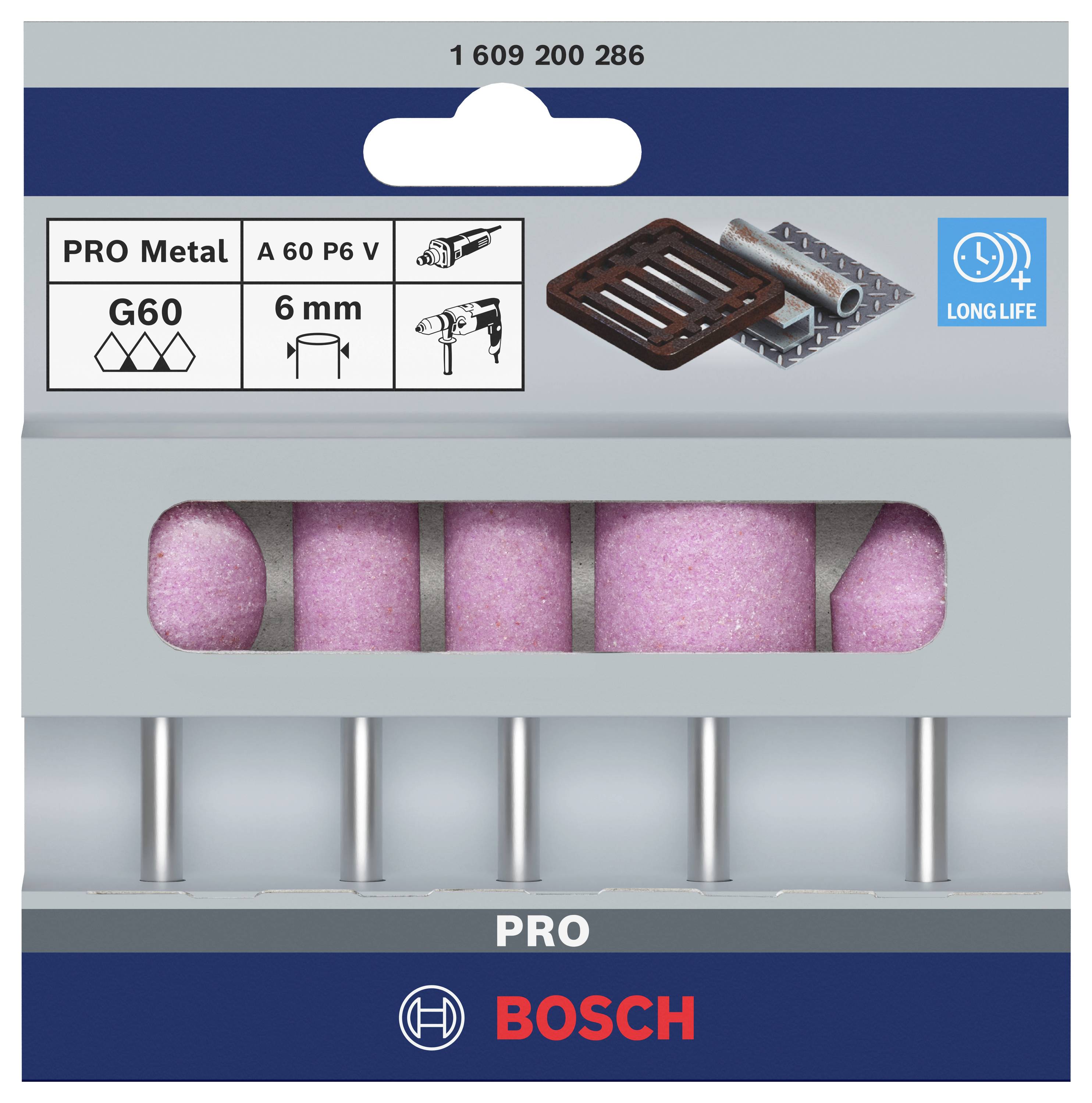 Sada brusných vřeten 'Bosch', PRO Metal, G60, upnutí 6 mm. Vhodná pro obrábění kovů, s vyobrazením vrtačky.