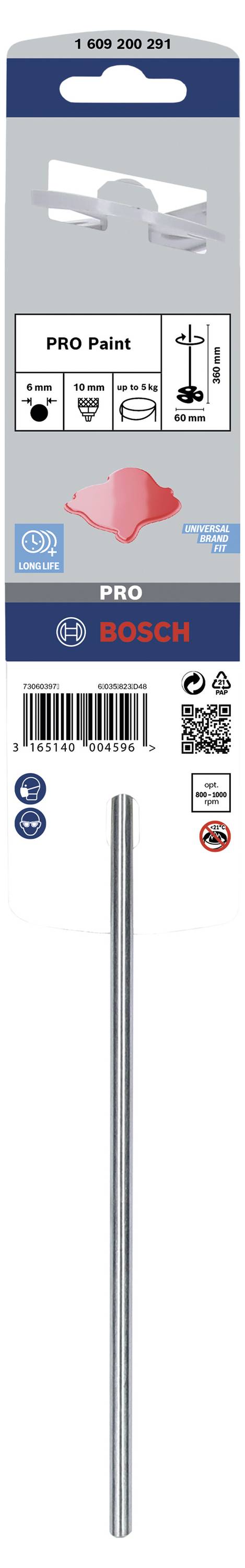 Obal pro míchací tyč Bosch PRO Paint. Obsahuje logo, číslo produktu '1 600 Z00 231', čárový kód, QR kód a pokyny k použití.