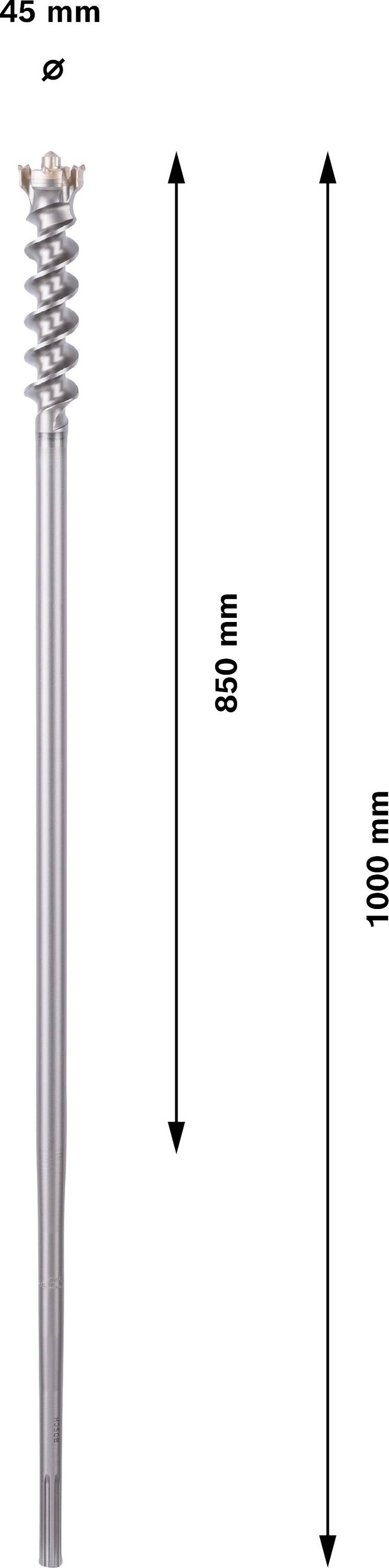 Dlouhá, tenká kovová tyč, 1000 mm vysoká, se spirálovitým hrotem, hrot měří 45 mm v průměru; celková délka označena 850 mm.
