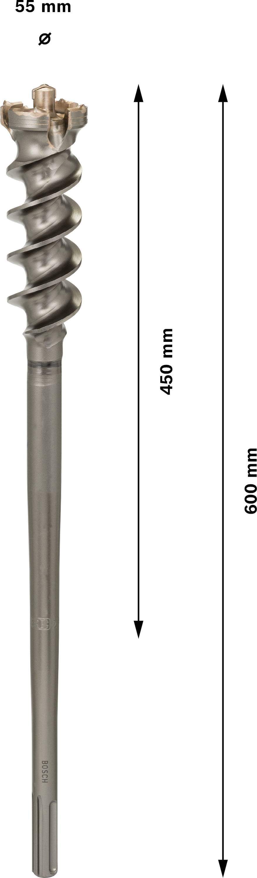 Vrták s průměrem 55 mm a délkou 600 mm, spirálový design s kovovým dříkem. Vhodný pro hluboké vrtání do pevných materiálů.