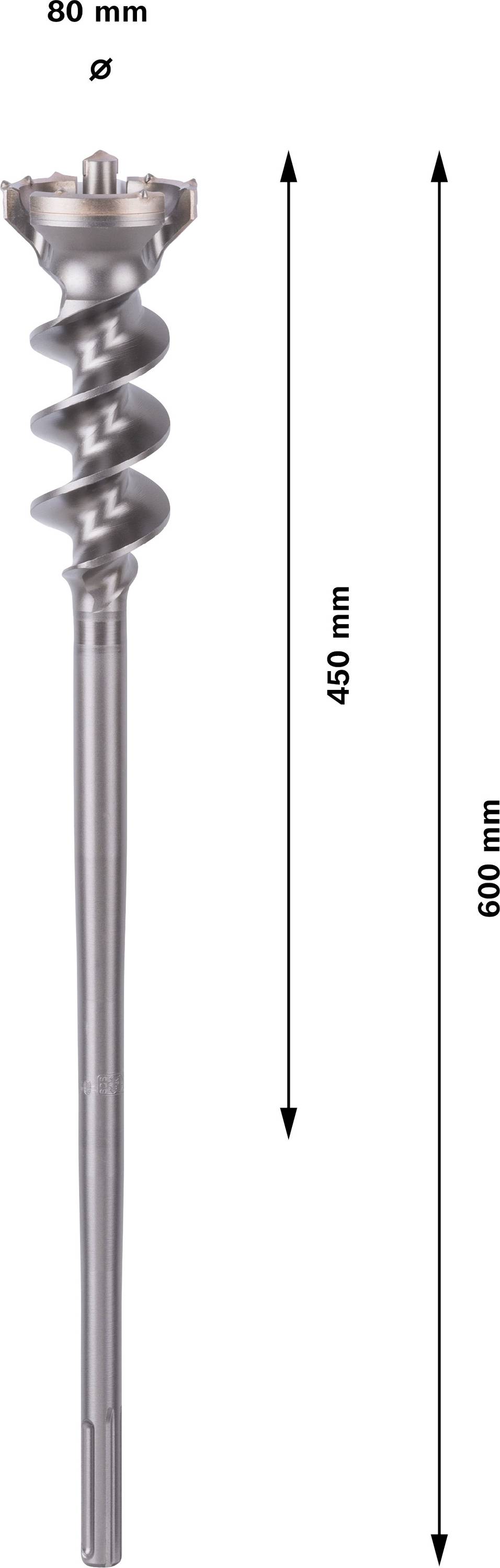 Vrták se spirálovým designem, 600 mm dlouhý a 80 mm průměr. Obsahuje označení pro 465 mm délku a 80 mm průměr.