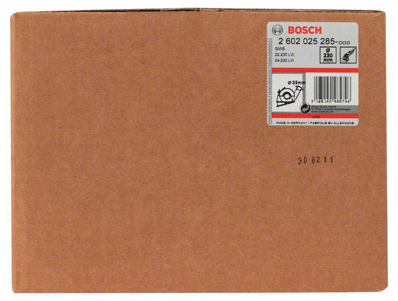 Hnědá kartonová krabice s etiketou značky Bosch. Etiketa zobrazuje informace o produktu a obrázek pilového listu.