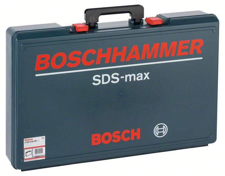 Zelený kufřík na nářadí s červeným nápisem 'BOSCHHAMMER SDS-max' na přední straně. Obsahuje příslušenství k příklepové vrtačce.