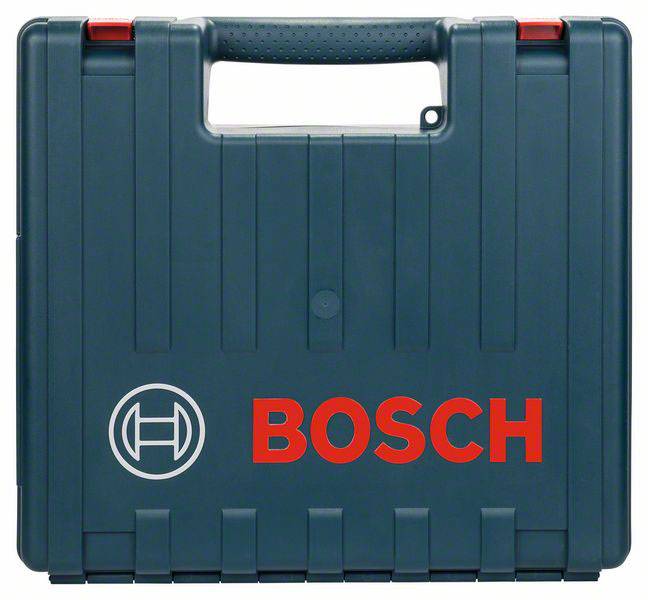 Modrý plastový kufřík s červeným logem 'BOSCH' a bílým emblémem Bosch umístěným pod ním, používaný pro uchovávání nářadí.