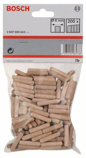 Sáček se dřevěnými kolíky, průměr 6 mm, 200 kusů, od společnosti Bosch. Balení zobrazuje logo značky a produktové informace.