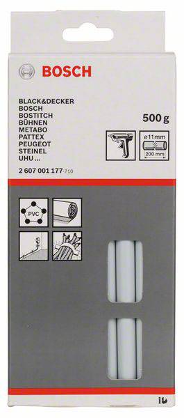 Bosch tavné lepicí tyče v šedém balení. Vhodné pro různé značky, 500 g, průměr 11 mm, délka 200 mm.