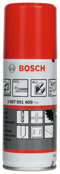 Červený štítek Bosch spreje s grafickými znázorněními použití pro vrtání a řezání v různých materiálech, jako jsou nerez a hliník.