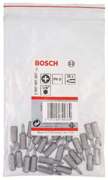 Uzavřený balíček bitů šroubováku Bosch, velikost 1/4 palce, Phillips 0, 25 kusů. Balení je průhledné s etiketou.