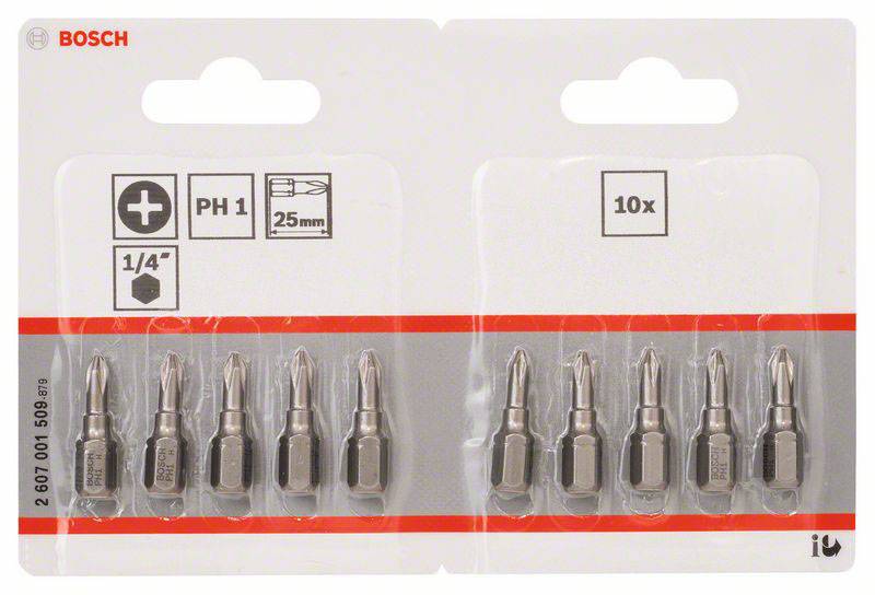 'Sada bitů Bosch 25mm, 10 kusů, PH1, 1/4palcový šestihranný upínací otvor, vhodné pro standardní šroubováky.'