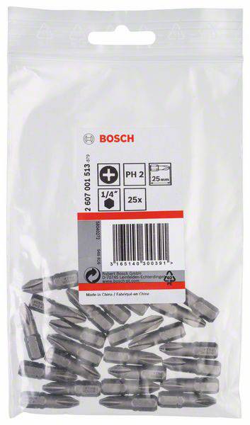 Sáček s 25 šroubovacími bity Bosch PH2 z ušlechtilé oceli, velikost 1/4", délka 25 mm. Obsahuje čárový kód a údaje výrobce.