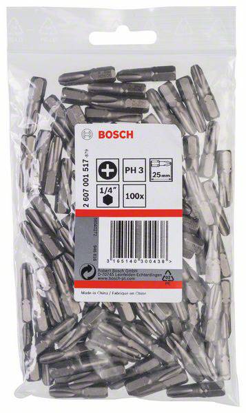 Balení obsahuje 100 šroubovacích bitů Bosch PH 3, délky 25 mm, kompatibilních s 1/4palcovými držáky, zabalených v průhledném sáčku.