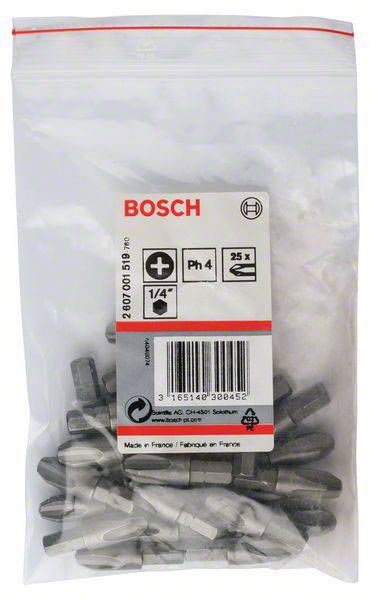 Plastová taška s křížovými šroubováky Bosch PH4, velikost 1/4", 25 kusů. Na obalu nápis 'Bosch', vyrobeno ve Francii.