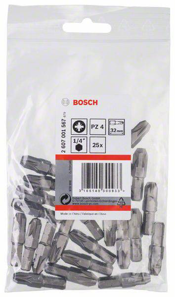 Sada 25 Bosch šroubovacích bitů PZ 4, 1/4" x 32 mm, pro přesné šroubování.
