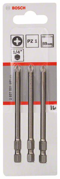 Tři šroubovací bity Bosch PZ 1, délka 89 mm, čtyřhranná stopka 1/4", balené na bílém kartonu.