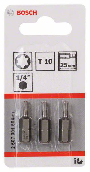 'Tři šroubovací bity Bosch, typ T10, 25 mm, 1/4 palce. Balení zobrazuje značku, velikost a typ bitů.'