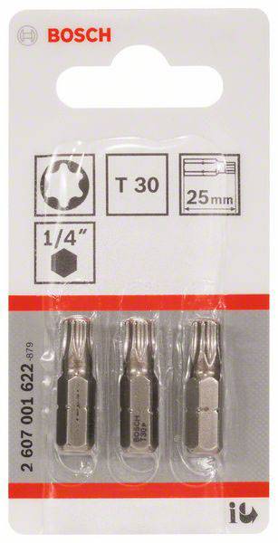 Balení se třemi Torx bity značky Bosch, velikost T30, délka 25 mm, upínání 1/4".