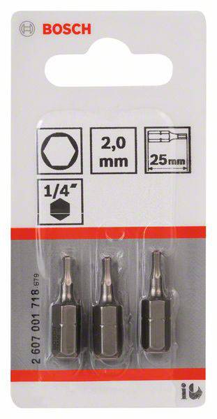 Tři šestihranné bity Bosch o průměru 2,0 mm, balení k nahlédnutí. Vhodné pro šroubovací práce s 1/4" uchycením, délka 25 mm.