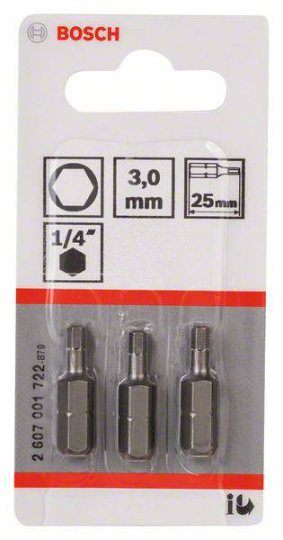 Tři šestihranné nástavce bitů od Bosche v plastovém obalu. Velikost: 3,0 mm, délka: 25 mm. Čtvrtpalcový pohon. Obal zobrazuje logo Bosche.