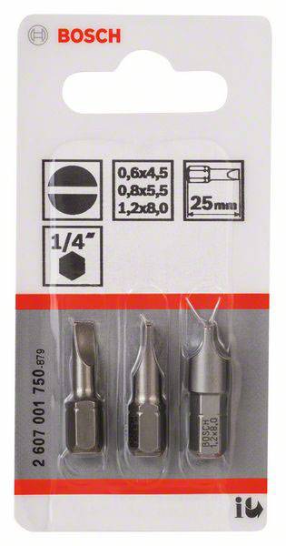 'Tři šroubovákové bity Bosch pro šrouby se zápustnou hlavou, velikosti: 0,6x4,5; 0,8x5,5; 1,2x8,0 mm, délka 25 mm, vhodné pro velikost 1/4 palce.'