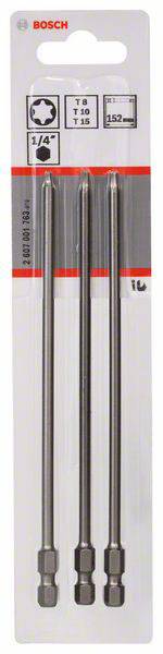 Tři Torx nástavce šroubováku Bosch v blistru, velikosti T7, T8 a T15, délka 152 mm, vhodné pro 1/4palcové upevnění.
