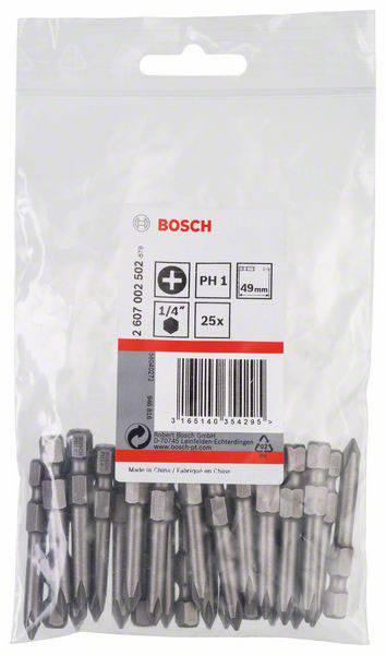 Sada 25 šroubovacích bitů Bosch PH1, 49 mm dlouhých, s upínáním 1/4 palce. Balení zobrazuje logo značky a informace o produktu.