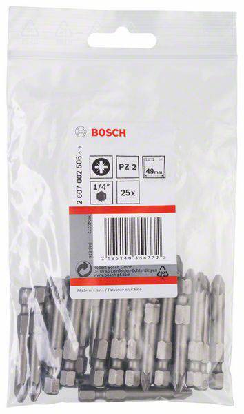 Balení obsahuje 25 šroubovacích bitů Bosch PZ 2, velikost 1/4 palce, délka 49 mm, v průhledném plastovém sáčku s etiketou.