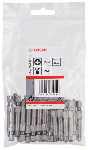 Průhledný obal s 25 značkovými bity Bosch PZ3, velikost 1/4 palce, délka 49 mm, vyrobeno v Číně.