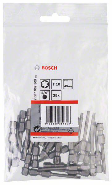 Průhledný sáček obsahující 25 bitů Bosch Torx velikosti T10, dlouhých 49 mm, s 1/4palcovým náhonem, vyrobených v Číně.