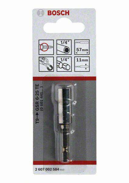 Balení bitů Bosch T9 CSR-25 TE. Zobrazuje obrázek produktu, rozměry: 1/4", délka 57 mm, hlava 11 mm. Model 2 607 002 584.