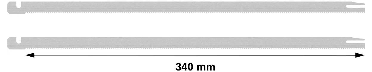 Dva kovové pilové listy jsou umístěny nad sebou. Šipka pod nimi ukazuje délku 340 mm.