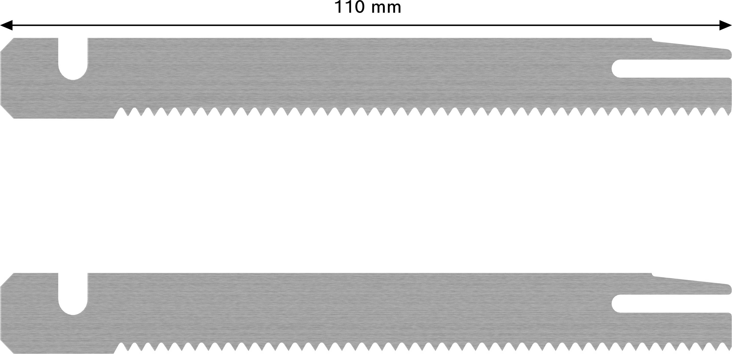 Dvě identické čepele se zubatými hranami o délce 110 mm. Jsou uspořádány paralelně a směřují v opačných směrech.
