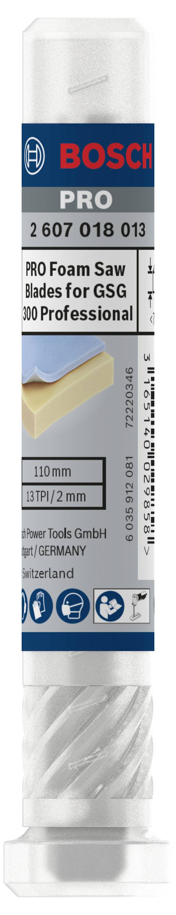 Balení pro pěnové pilové listy Bosch PRO, vhodné pro GSG 300 Professional. Obsahuje informace o velikosti a specifikacích.