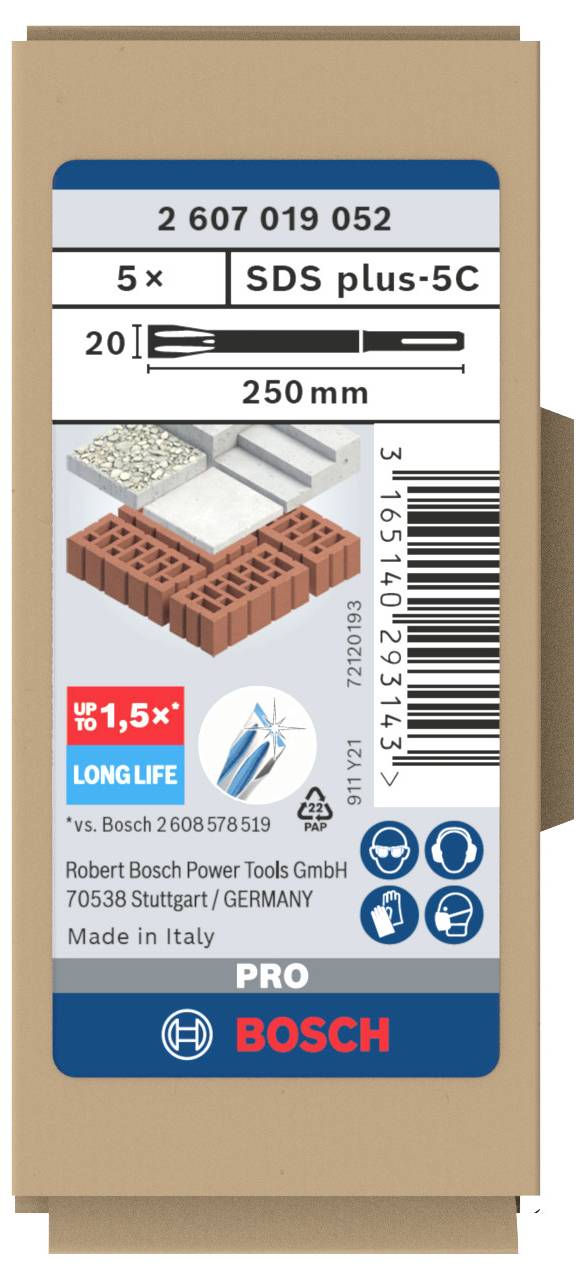 Výřez obalu s popisem '5x SDS plus-5C', zobrazuje vrtáky a jejich velikosti, loga a informaci o výrobci 'Made in Italy'.