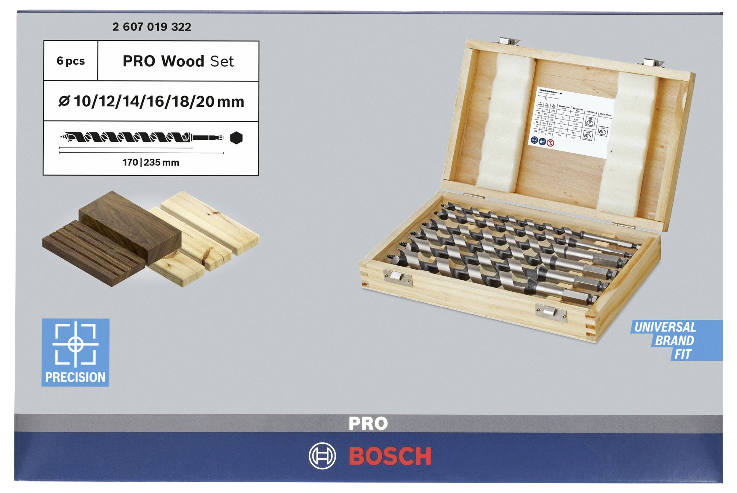 Sada vrtáků do dřeva od Bosch, 6-dílná, v dřevěné krabičce. Obsahuje vrtáky s průměry od 10 do 20 mm. Vhodná pro přesné práce se dřevem.