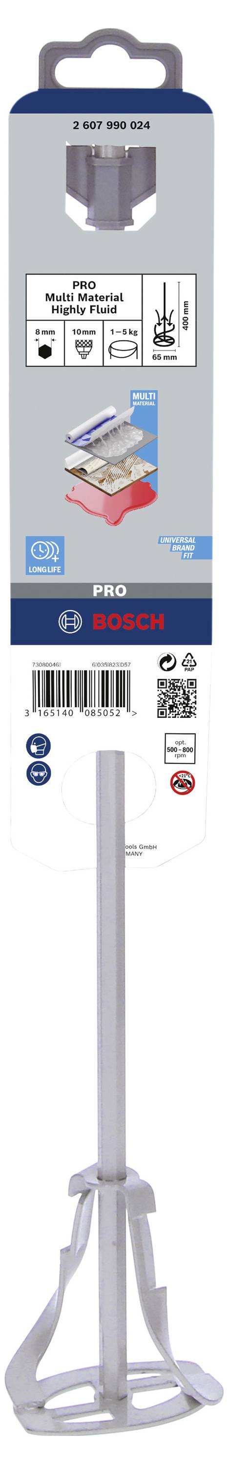 'Bosch Keramische Fliesenmasse' na obrázku ukazuje světle šedý nástroj pro míchání obkladů s popisem obalu a grafickými detaily.