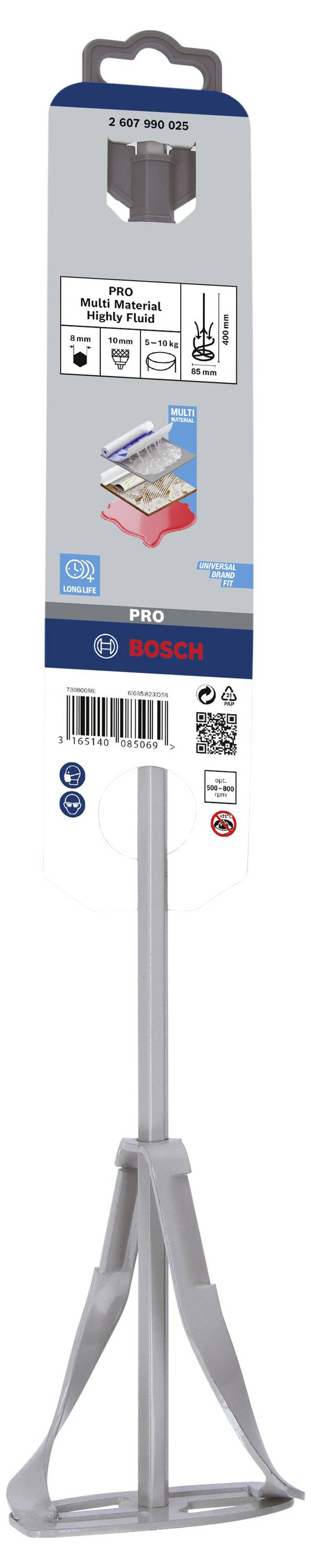 Stříbrná míchací tyč na maltu značky Bosch, vhodná pro míchání hustých materiálů. Obal zobrazuje informace o produktu a loga.