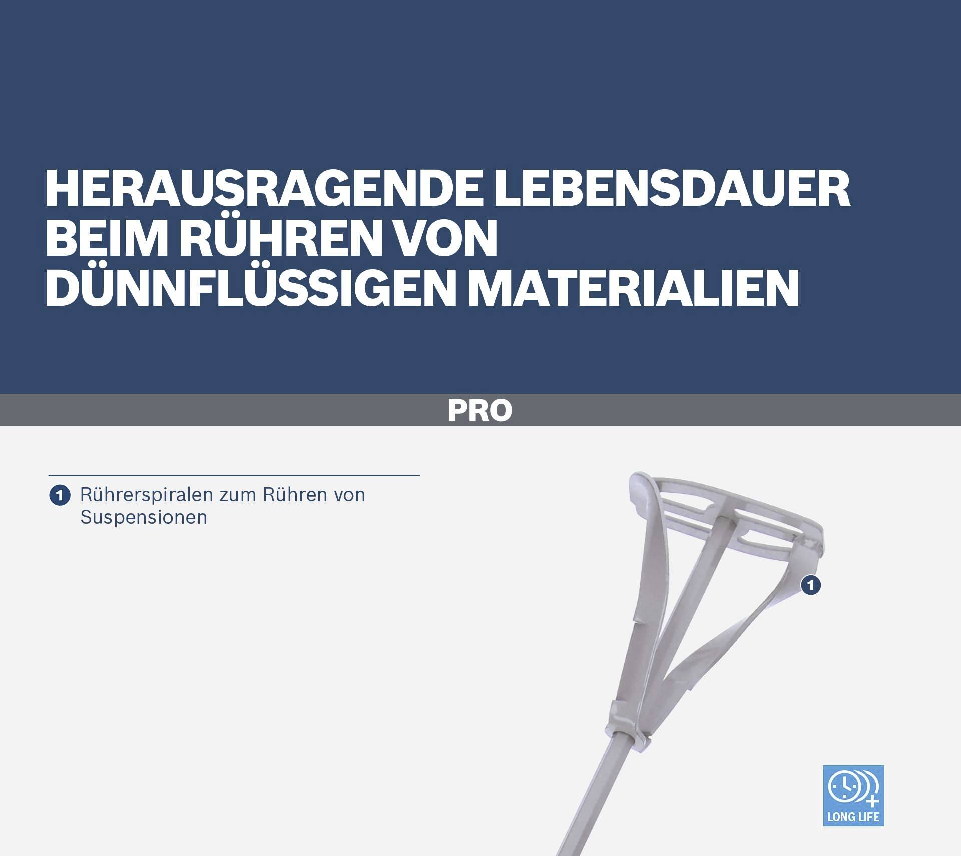 'Míchací spirály pro suspenzní materiály, dlouhá životnost.' Míchací nástroj s textem 'Mimořádná životnost při míchání řídkých materiálů'.