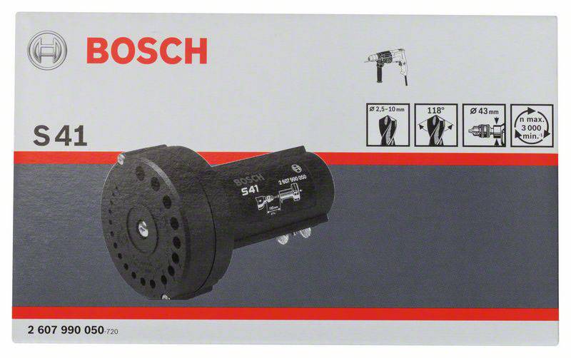 Balení pilové vrtací korunky Bosch S41. Zobrazuje obrázek produktu a specifikace: 25-90 mm, 118°, 43 mm, max. 3000 ot./min.