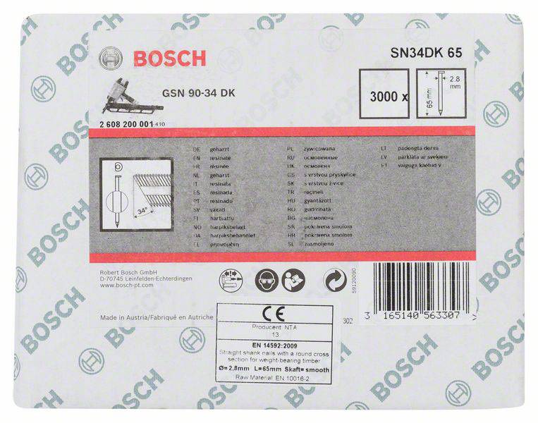 Zadní strana obalu Bosch pro hřebíky. Vlevo nahoře logo Bosch, vpravo modelové číslo SN34DK 65. Dole specifikace výrobku a informace.