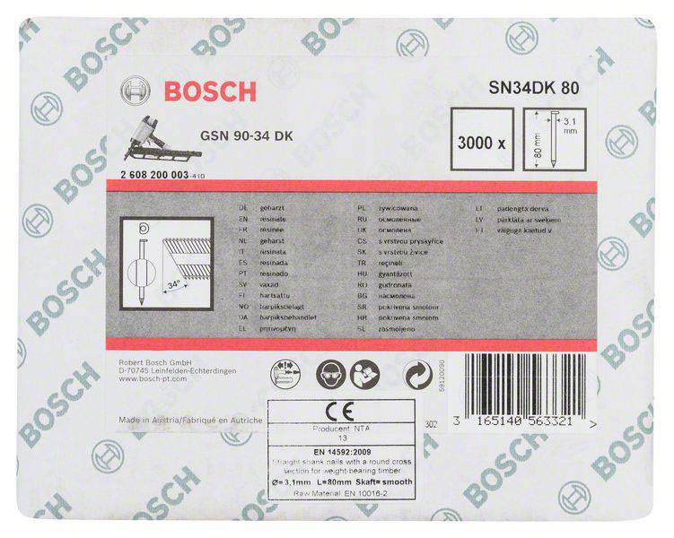 Štítek na obalu produktu Bosch; obsahuje produktový kód 'GSN 90-34 DK', technické detaily, čárový kód a informace o výrobci.