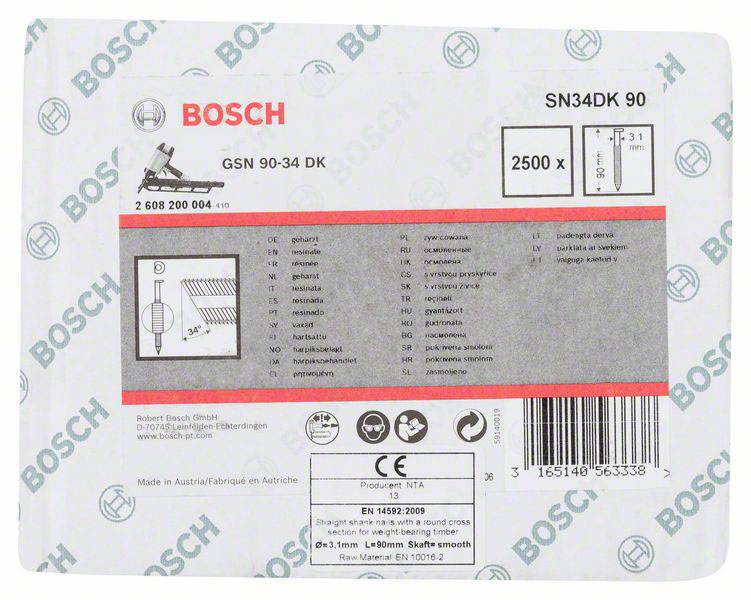 Etiketa balení hřebíků Bosch SN34DK 90 s technickými specifikacemi: 2500 hřebíků, GSN 90-34. Čárový kód a informace o výrobci jsou viditelné.
