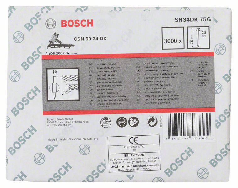 Bosch balení hřebíků, model SN34DK 75G, obsahuje 3000 kusů. Obrázek zobrazuje rozměry a technické detaily.